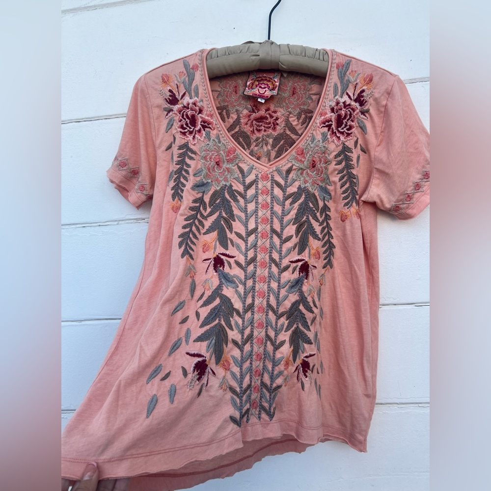 Johnny Was Peach Orange Embroidered Stretch Top Floral Garden Sz S e3